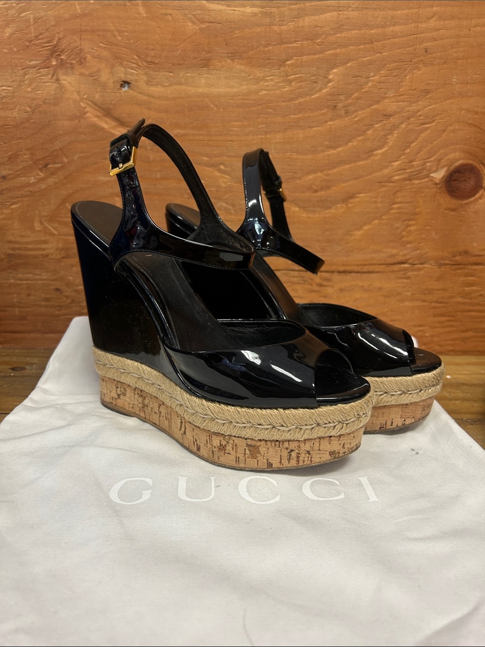 Gucci Black Patent Cork Espadrille Wedge Sandals - Women size 6